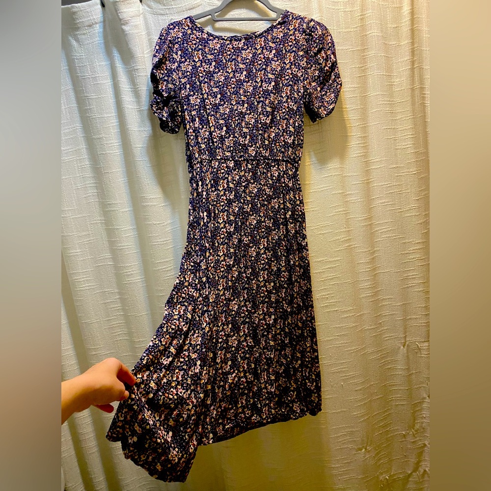 Navy and Pink Ruched Sleeve Floral Midi Dress